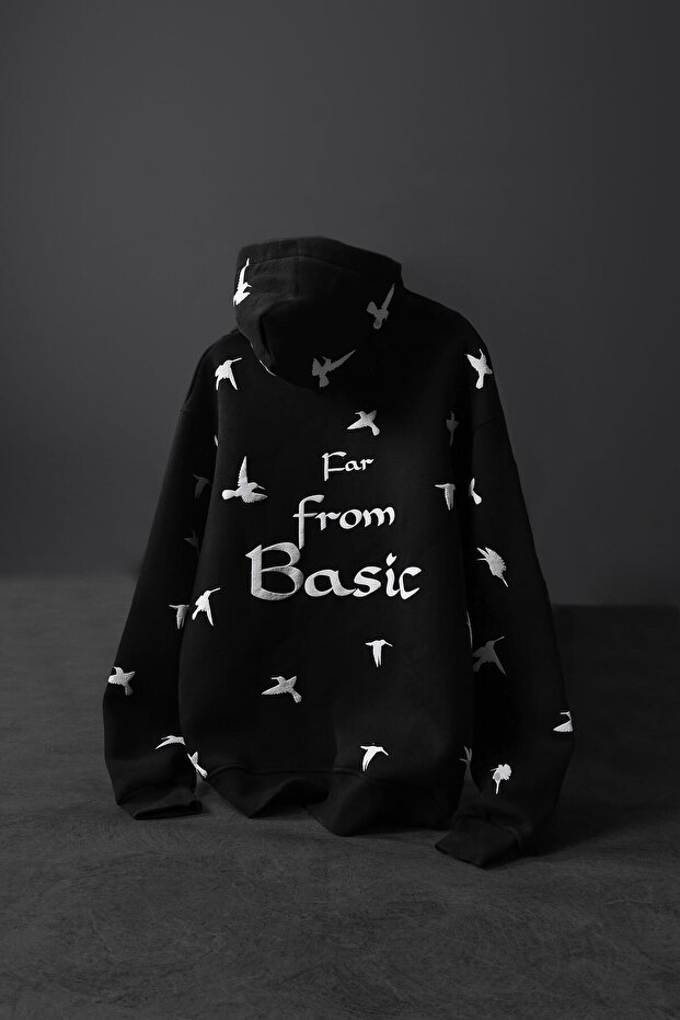 Erkek Siyah Far From Basic Kabartma Baskı Oversize Kapüşonlu Sweatshirt - 1