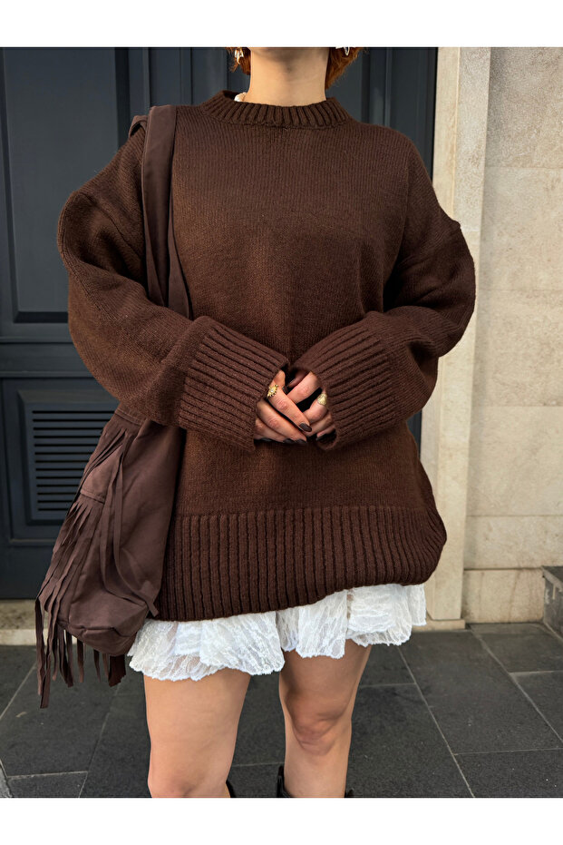 Premium Bisiklet Yaka Basic Oversize Triko Kazak - 4