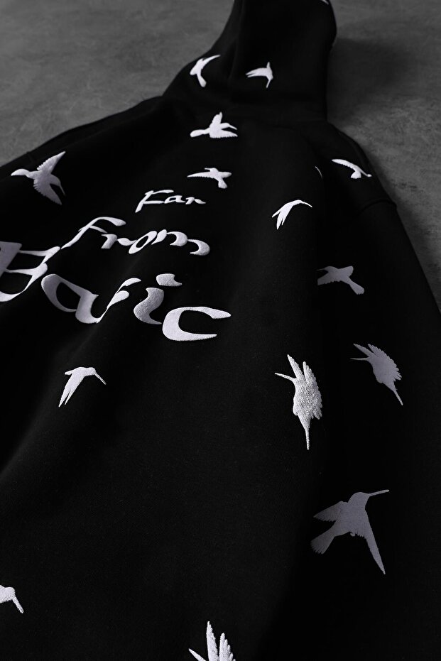 Erkek Siyah Far From Basic Kabartma Baskı Oversize Kapüşonlu Sweatshirt - 3