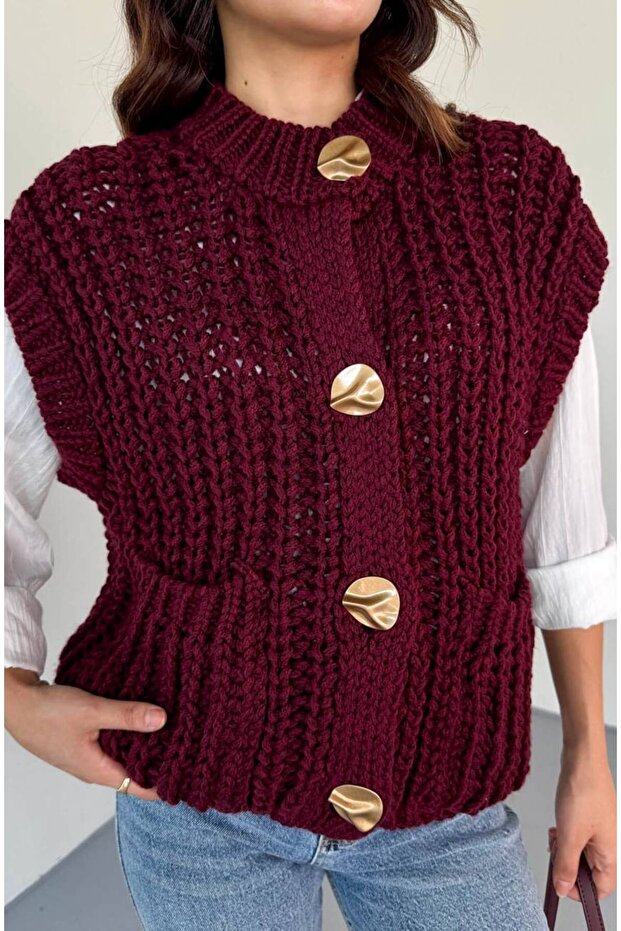 Cepli Bisiklet Yaka Kalın Örgü Yelek - 3