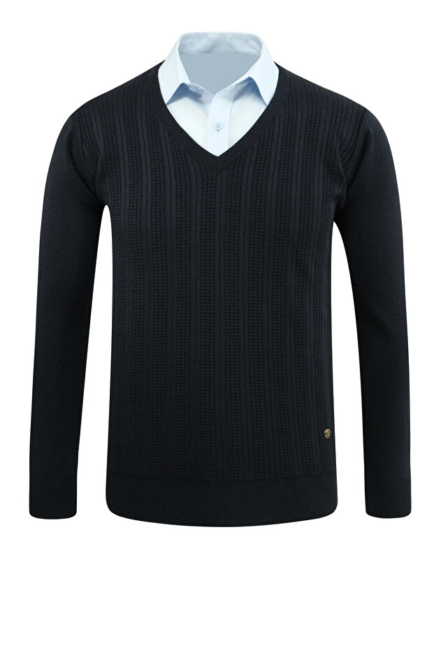 Men's V-Neck Knitwear Navy Blue Sweater Steel Knit Pattern Classic Fit - 5209D