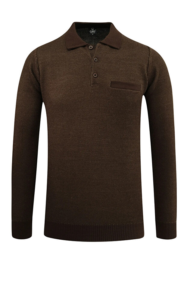 Men's Polo Neck Brown Sweater with Pockets, Pique Pattern, Steel Knit, Classic Fit - 5214F