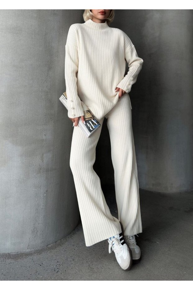 Women's Hijab Top and Bottom Set Ribbed Stand Collar Sleeves Button Detail Knitwear Set Camel