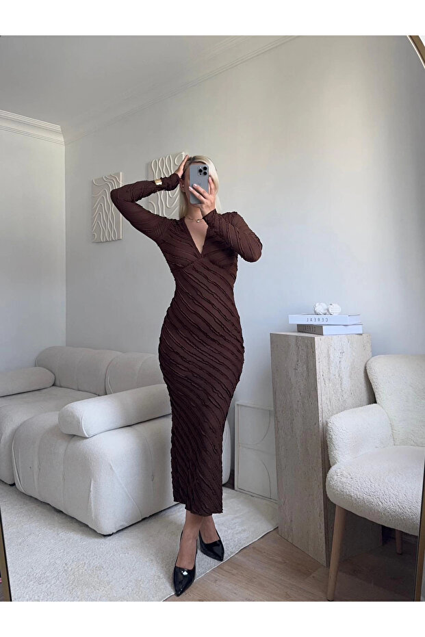 V Yaka Ters Dikiş Elbise - KAHVE - 2