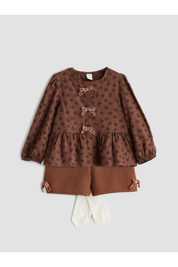 LCW Kids Brown Bow Detail Girls' Shirt, Shorts and Tights