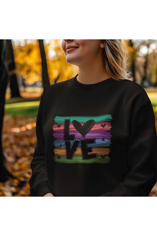 Rengarenk Love Colorful Printed Crew Neck Sweatshirt