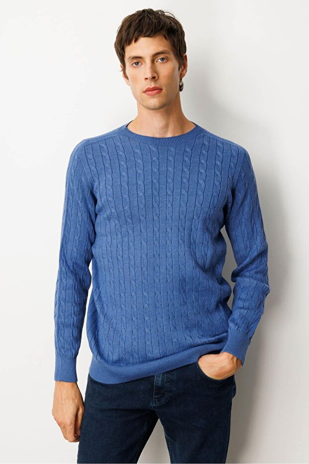 Men's Crew Neck Hair Braided Sweater Indigo