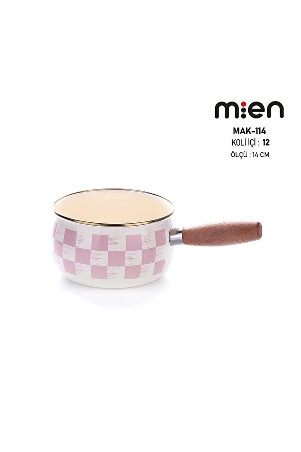 Emaye Sosluk Tava Ahşap Sapli Pembe Dama 14cm