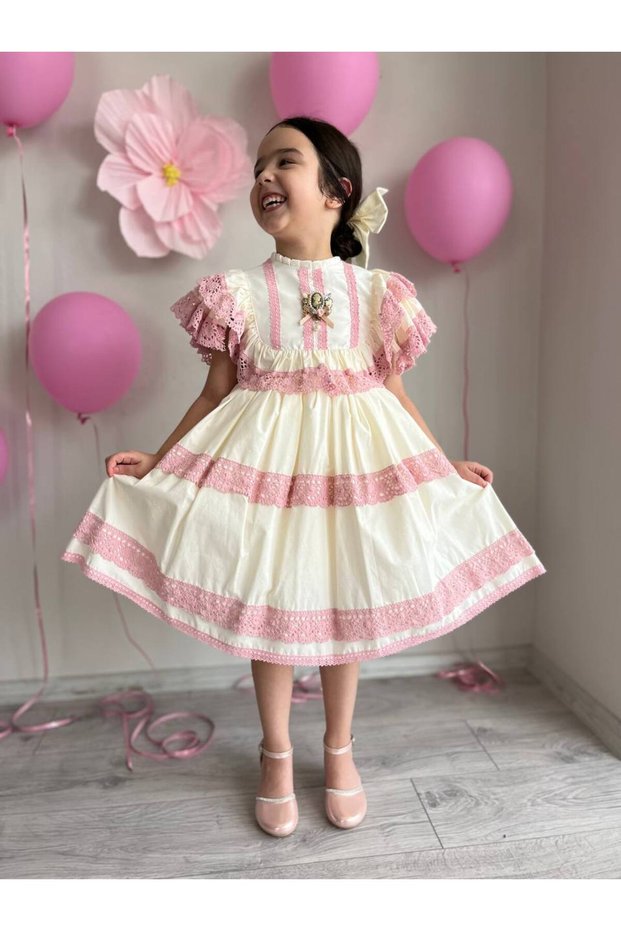 Girl's Pink Cotton Guipure and Fabric Detailed Vintage Special Birthday Princess Evening Dress+Hairpin