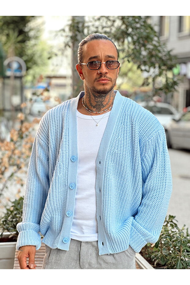 Oversize Örme Basic Hırka Mavi - 1