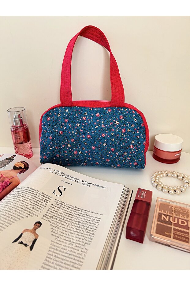 حقيبة يد منقوشة بالزهور الزرقاء - 1