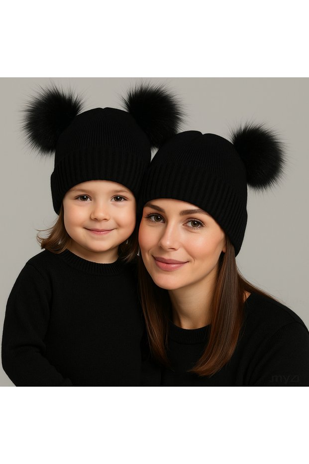 Mother Daughter Matching Beanie – Double Pom Pom Black Knitted Hat (Set of 2)