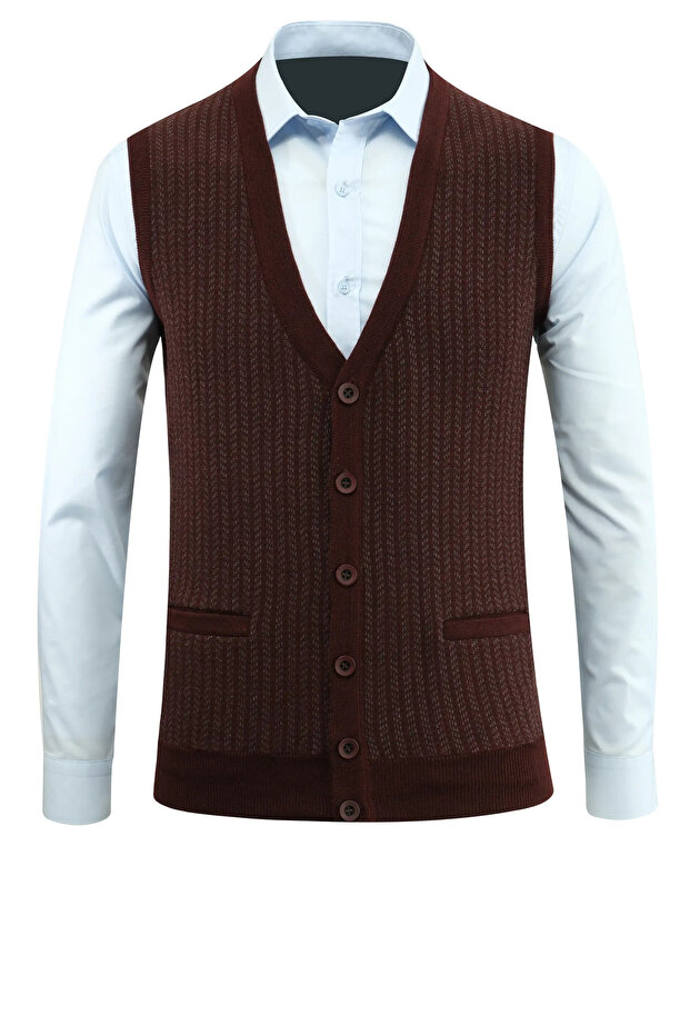 Men's Buttoned Burgundy Vest with Pockets, Patterned Steel Knit, Classic Fit - 5212L