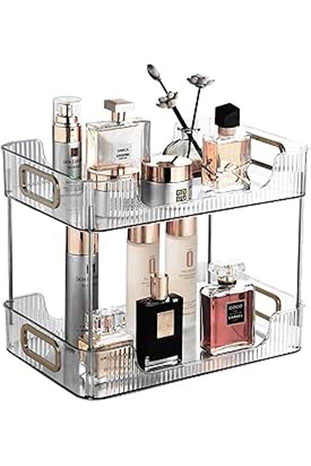 2-Tier Bathroom Countertop Organizer, Multifunctional Transparent Plastic Large Cosmetic Organizer C