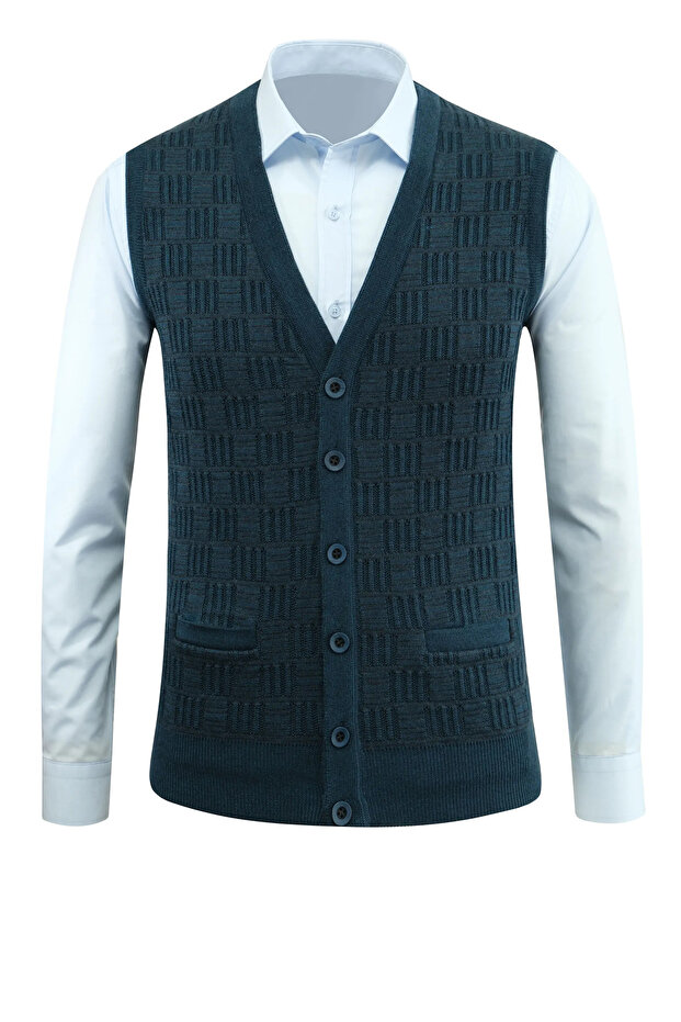 Men's Buttoned Petrol Vest with Pockets, Crinkled Steel Knit, Classic Fit - 5215L