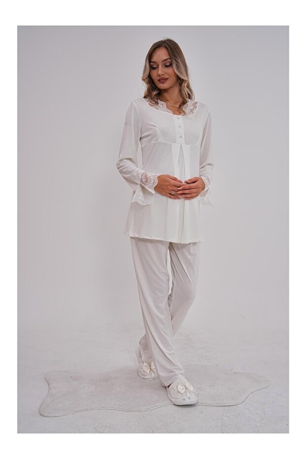 Women's Ecru Special Design Lace Long Sleeve Cotton Maternity Pajama Set