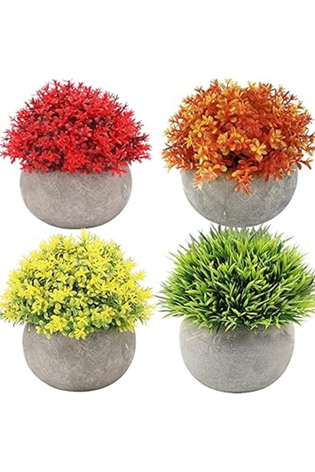 Gluckluz Artificial Potted Plants Mini Fake Topiary Shrub Plants Set Small Faux Plastic Bonsai Green