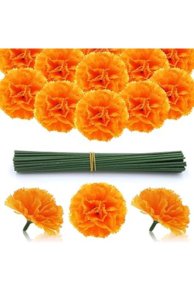 Hananona 50 Pcs Marigold Flower Heads Bulk, Silk Marigold with Stems Artificial Flowers for Diwali H