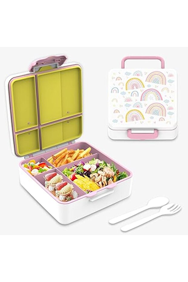 Bento Lunch Box for Kids – Rainbow Print, 4 Compartments with Utensils, Leakproof, Insulated, Micr