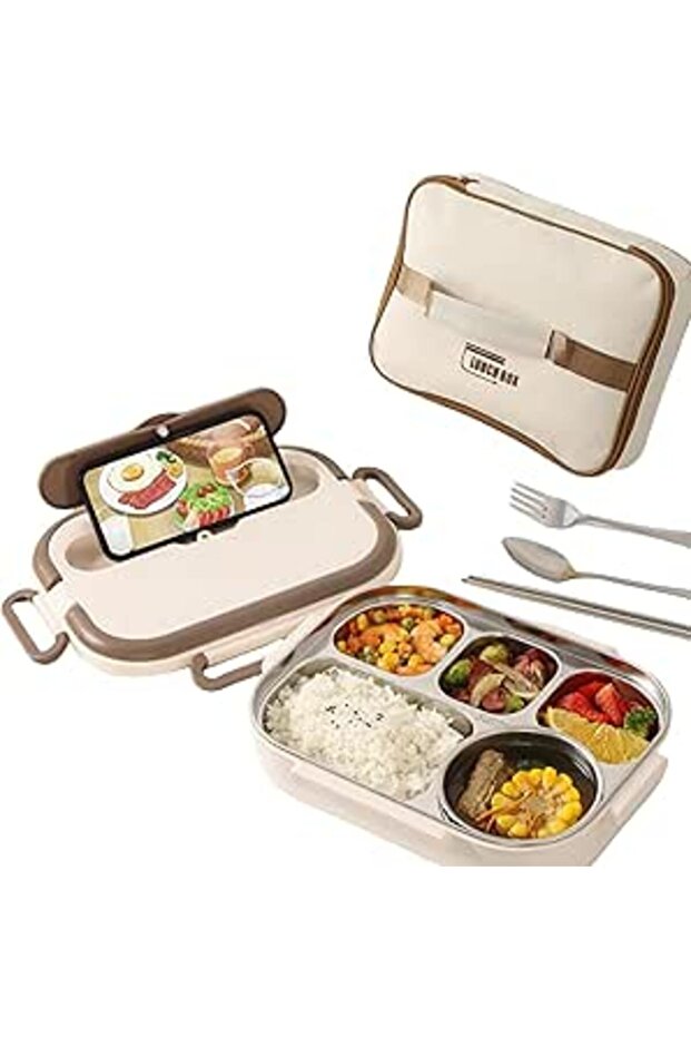 Stainless Steel Bento Lunch Box with Soup Bowl, Tableware & Bag, 1500ML 5 Compartments Divided Lunch