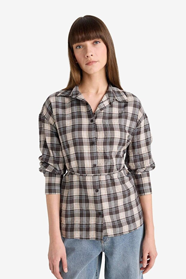 Oversize Geniş Kalıp Kareli Flanel Uzun Kollu Gömlek G2182AX25WN - 3