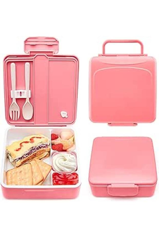 GGEROU Kids Bento Lunch Box for School, 1.3L Lunch Container with Sauce Jar, Spoon & Fork, 4 Compart