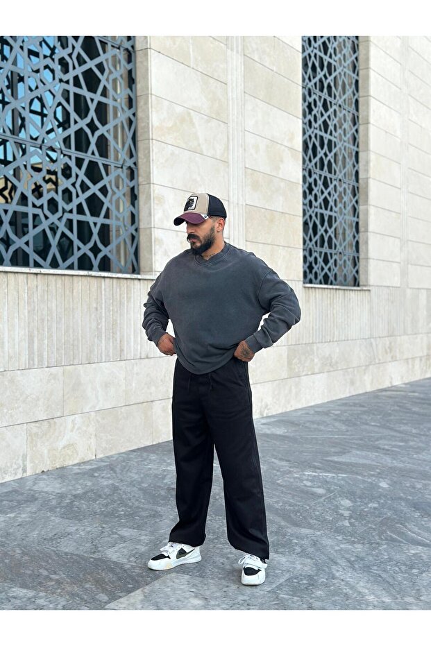 Yıkamalı Oversize Basic Sweatshirt - 1