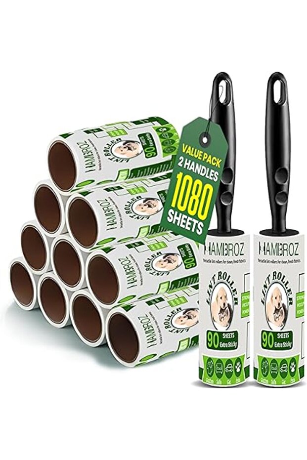 HAMBROZ Lint Remover, 1080 Sheets, Extra Sticky, 12 Rollers, Black, Plastic Handle