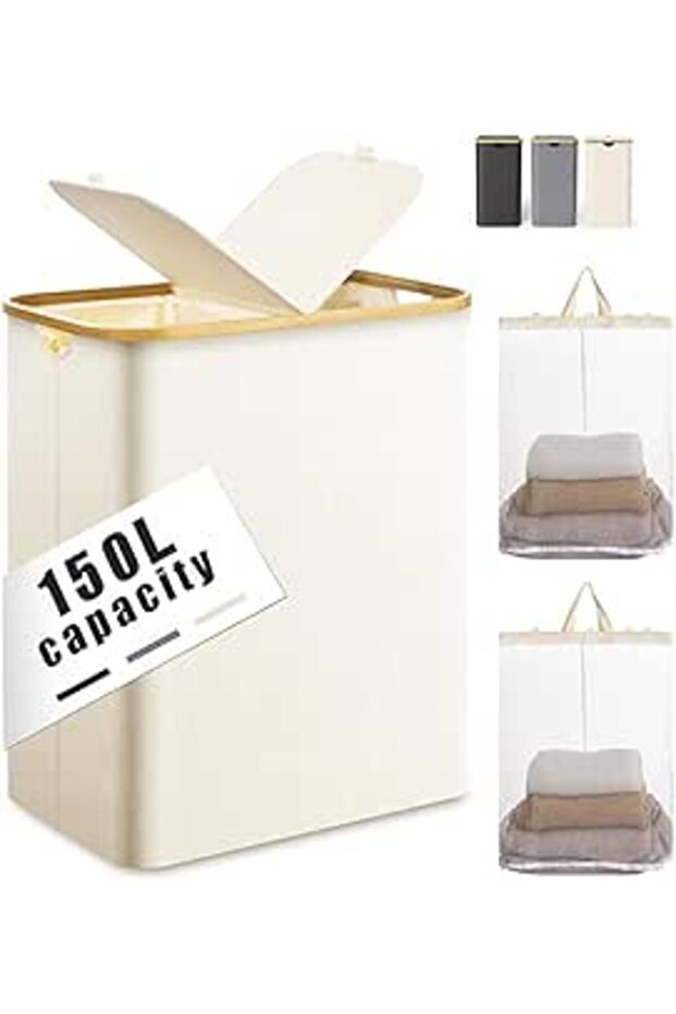 150L Large Laundry Basket with Double Compartment - Foldable Oxford Fabric Hamper with Dustproof Lid