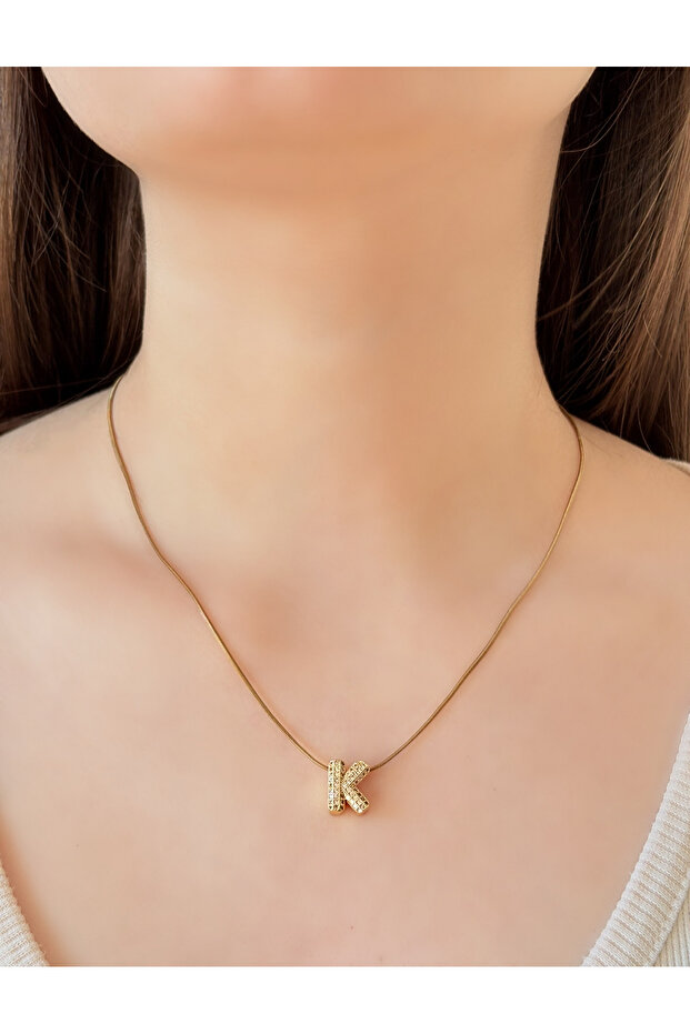 Steel Gold Stone'K' Letter Necklace