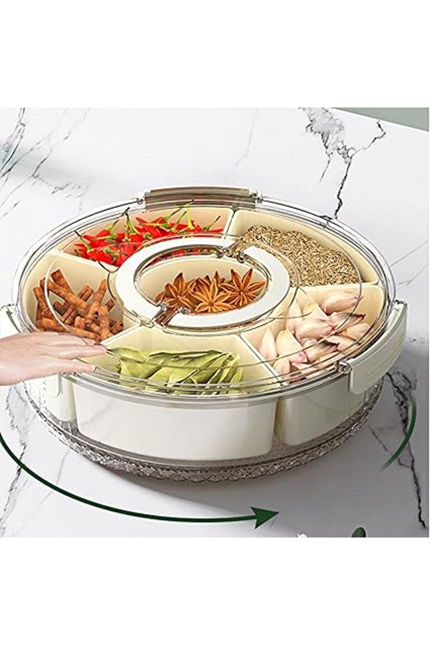 Refrigerator Organizer, Divided Food Storage Serving Tray With Lid & Handle, 360° Rotate Snack Cont