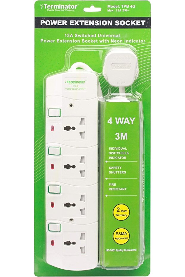 Terminator 4 Way Universal Power Extension Socket 13A 3m - 2