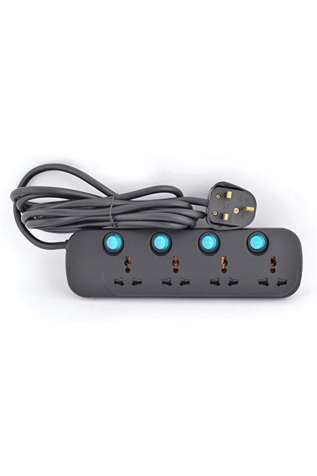 Terminator 4 Way Universal Power Extension Socket 3X1.25MM2 Black Body & Blue Switch 5M Cable 13A Pl