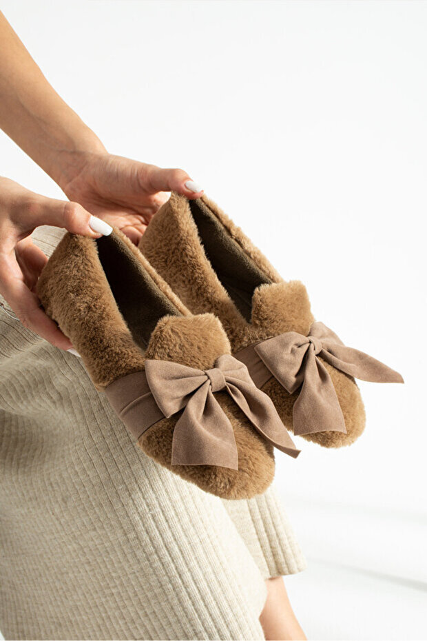Women's Beige Bow Winter Ballerina Shoes for Home and Outdoor Use Stc1171