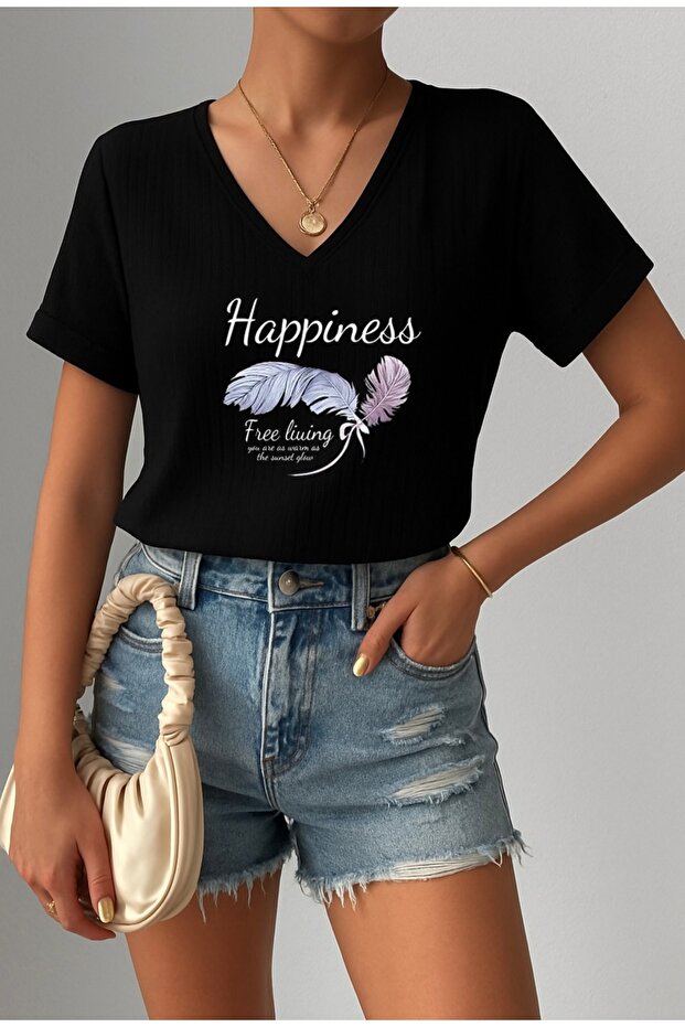 Happiness Printed Women's Oversize V-Neck T-Shirt