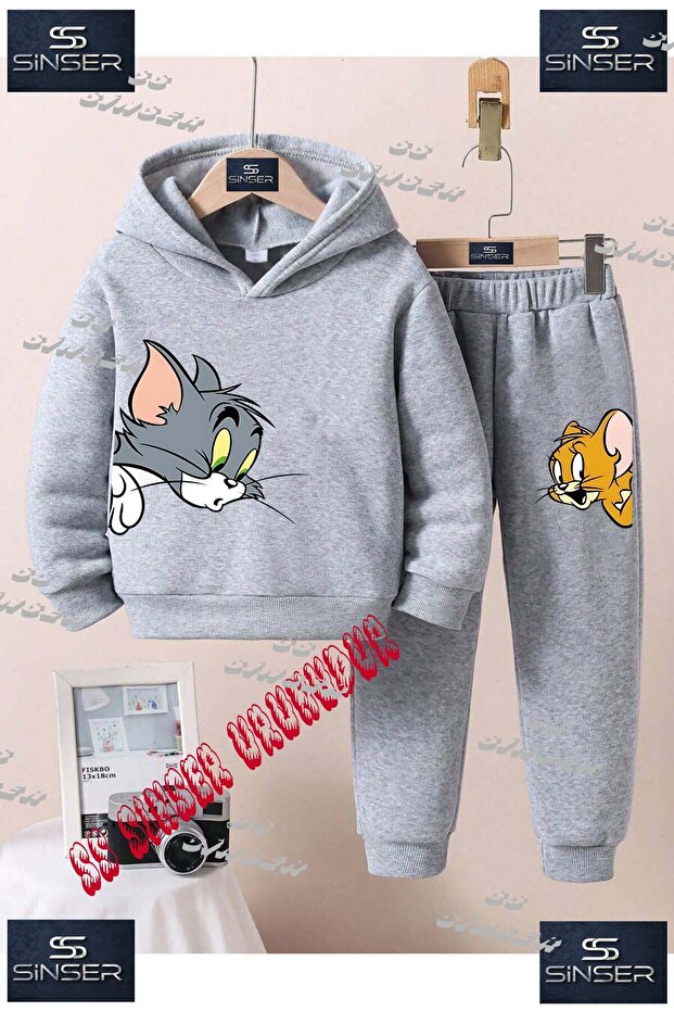 Çocuk Unısex "TOM VE JERRY KAFALAR YANDA"Baskılı Kapşolu Eşofman Takımı - 1
