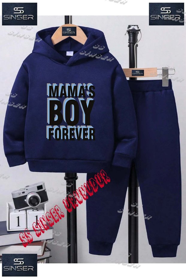 Children's Unisex Printed Hooded Tracksuit Set with the Text "Mamas Boy Yazi Orjn"