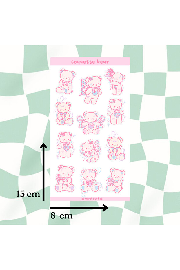 Coquette Cute Teddy Bear Themed Sticker, Decal, Bullet Journal, Scrapbook, Label, 8X15 cm in Size