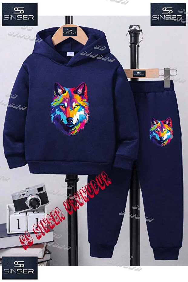 Children's Unisex Printed Hooded Tracksuit Set with the Text: "Wolf Painted Colorful Head"
