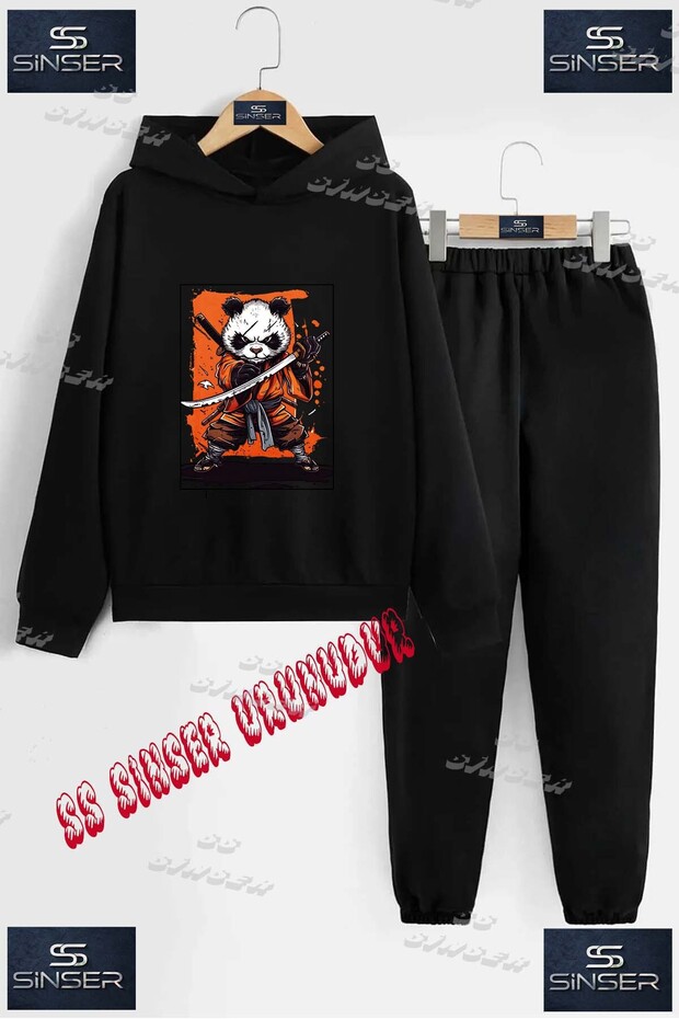 Children's Unisex Printed Hooded Tracksuit Set with the Words "Panda Ninja Kilicli"