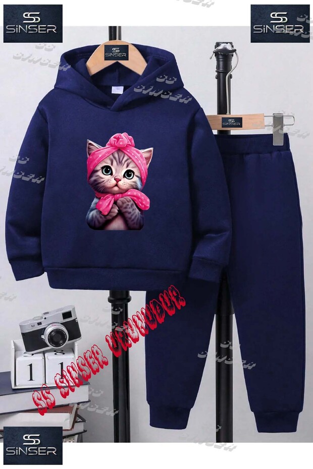 Children's Unisex Printed Hooded Tracksuit Set with "Cat Half Pink Ribbon" Print