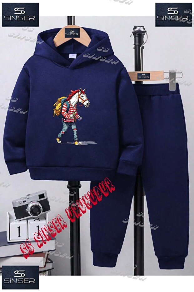 Children's Unisex Printed Hooded Tracksuit Set with the Phrase "At Adam Sirt Cantali"