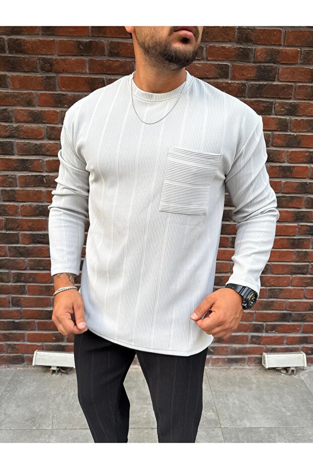 Vertical Striped Ottoman Fabric Pocket Detailed Men's Sweatshirt