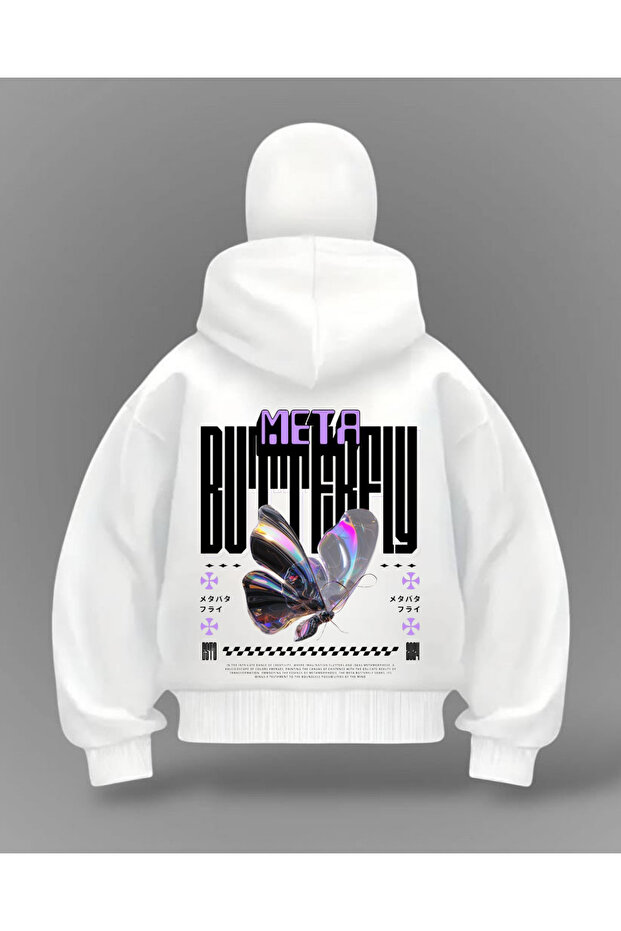 White Butterfly Printed Balaclava Oversize Sweatshirt Cardigan
