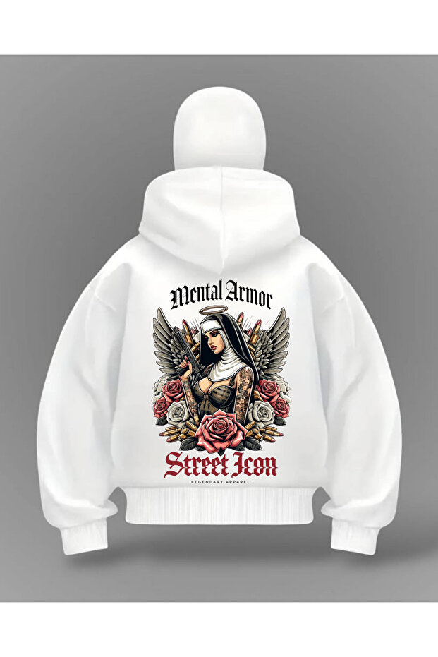 White Mental Armor Printed Balaclava Oversize Sweatshirt Cardigan