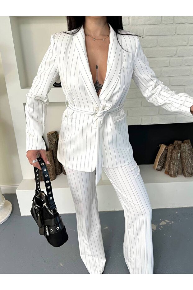 Women's Tie-Up Belted Shawl Collar Blazer Jacket Flared Leg Stretchy Pants Suit