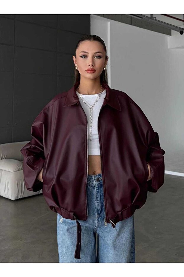 Women's Oversized Leather Jacket – Oversized Relaxed Fit, Zippered Belt Detail Everyday Women's Jacket