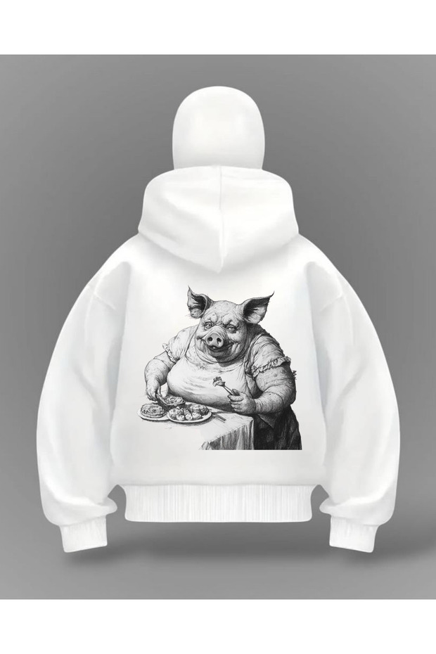 White Baggy Pig Printed Balaclava Oversize Sweatshirt Cardigan
