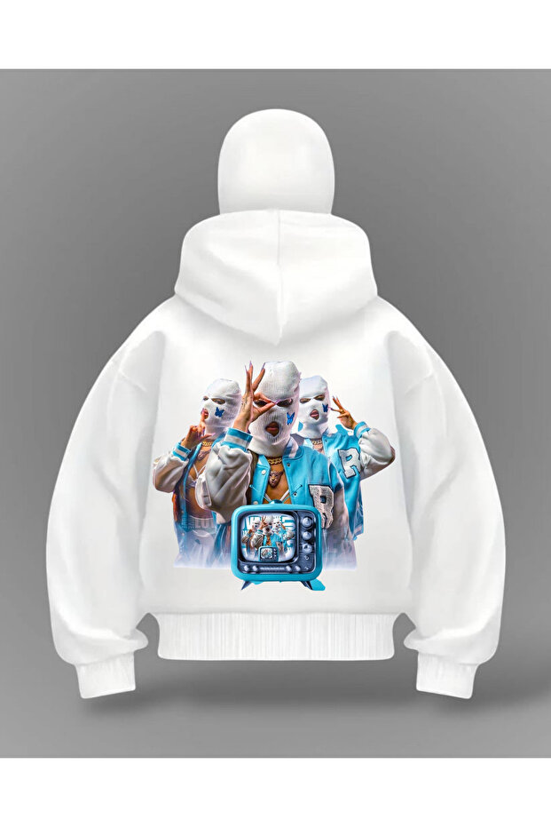 White Streetwear Girl Printed Balaclava Oversized Sweatshirt Cardigan