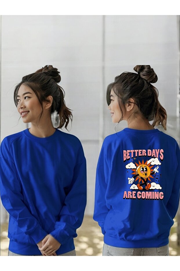 سويت شيرت للجنسين بأكمام طويلة مطبوع عليه Better Days Coming وياقة على شكل دراجة